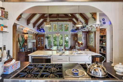 Leaded glass windows - beamed ceilings, gas fireplace
