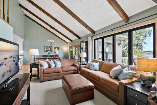 The lakeside great room and dining room offer fantastic 180-degree views of Lower Prior Lake.