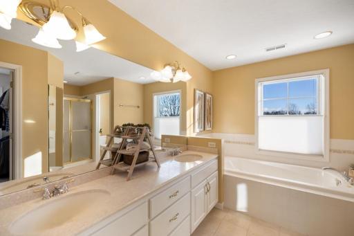 The bright primary bathroom complements this space. The dual-bowl vanity makes it easy for both partners to prepare for the day ahead.