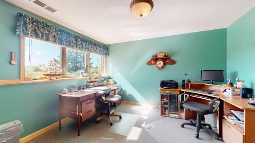 Lower level bedroom currently being used as a home office.
