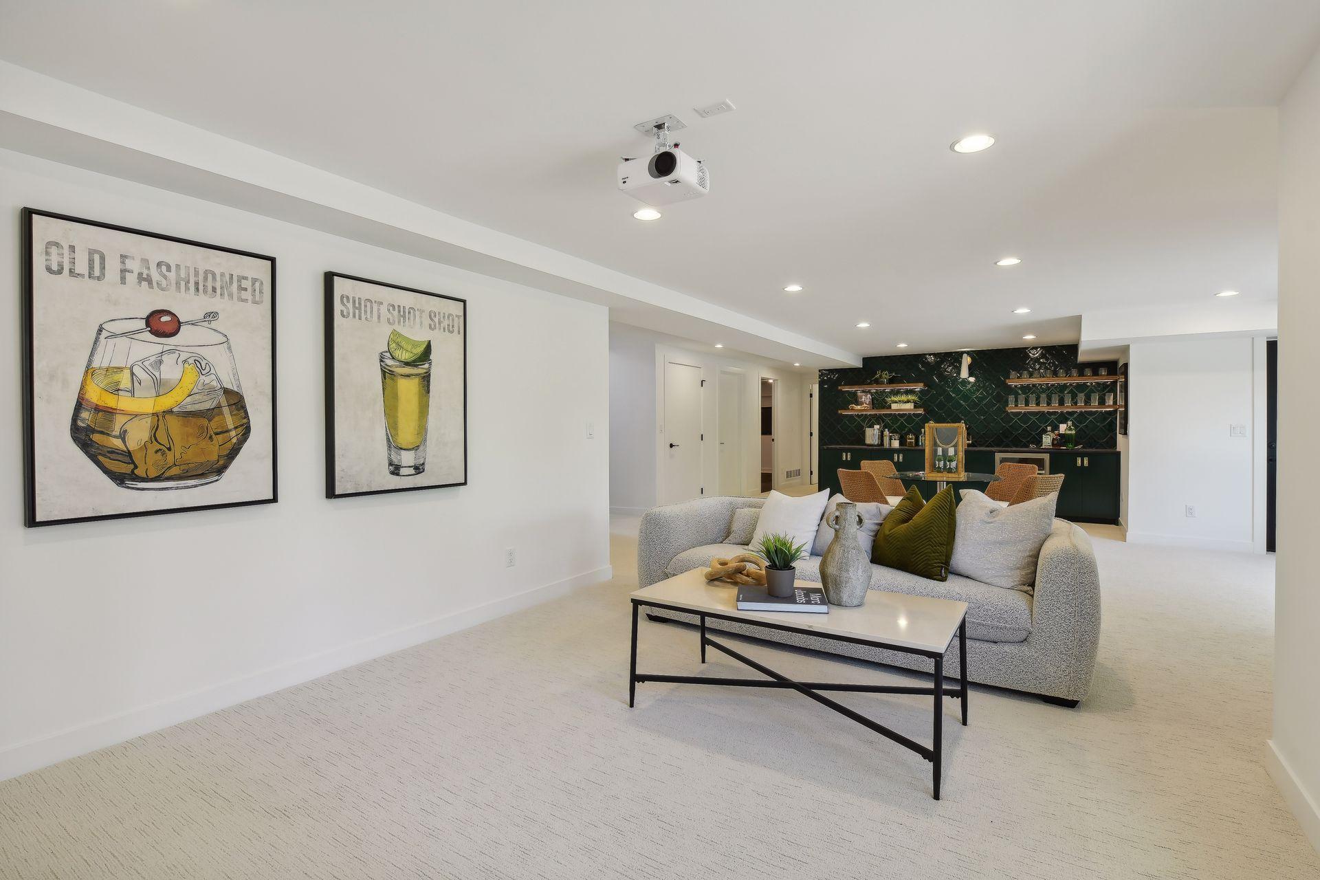 Finished basement perfect for movie nights, game days, or gatherings.