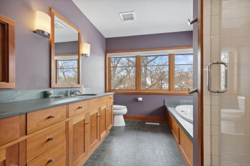 Second Floor Full Bath Part of Bedroom Suite Features Infloor Heat, Large Soaking Tub, Cherry Cabinetry, Ceramic Separate Shower and Slate Floor and Counters