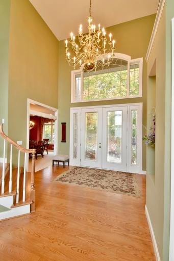 Beautiful, open & vaulted entry with Williamsburg chandelier, leaded glass doors leading to open concept floor plan.