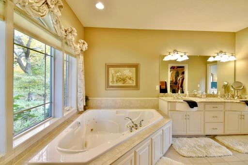 Large on-suite bathroom with 2 person jetted tub, granite counters, dual vanities, neighboring large (12.2x7.4) walk in closet with motion light sensor.