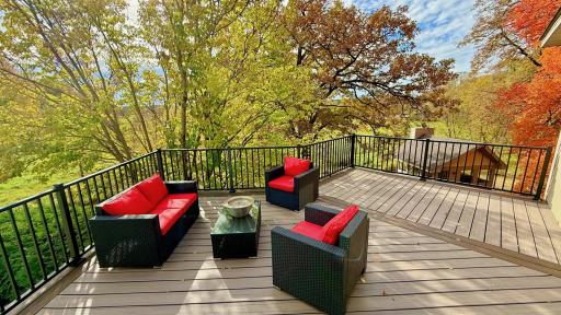 New, decorative, maintenance free deck with aluminum spindles, just off informal breakfast & kitchen area. Overlooking back yard cabin (whirlpool & wood burning fireplace).