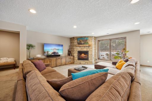 Lower level family room has stone gas fireplace, Sono's surround music system and large windows.