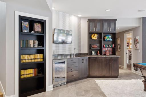 Walk up wet bar and bookcase murphy door