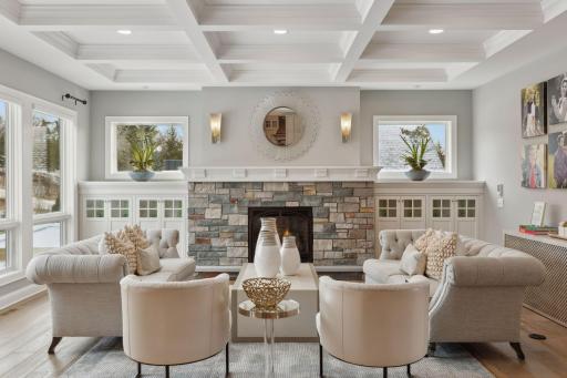 Living room with gas fireplace and custom cabinetry