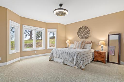 Lower-level bedroom with beautiful lake views, a spacious walk-in closet, and convenient access to the full bathroom- perfect for older family members and guests.