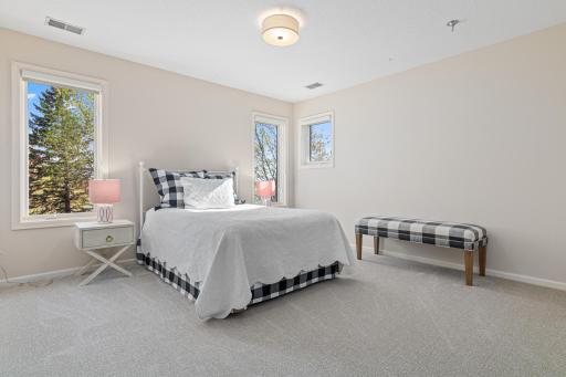 Spacious bedroom featuring a walk-in closet and stunning lake views—also has new carpet, paint and light fixture.