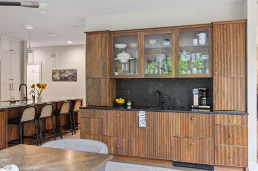 Fluted walnut coffee bar - with refrigeration, sink and dishwasher