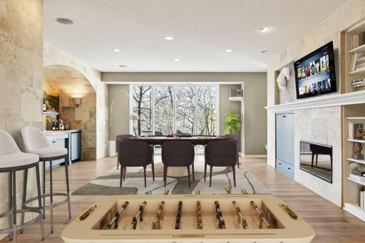 virtual staged game room with fireplace and wine bar
