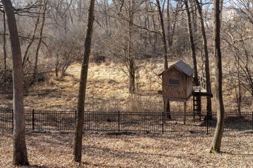 fully fenced in backyard surrounded in nature and complete with a tree house