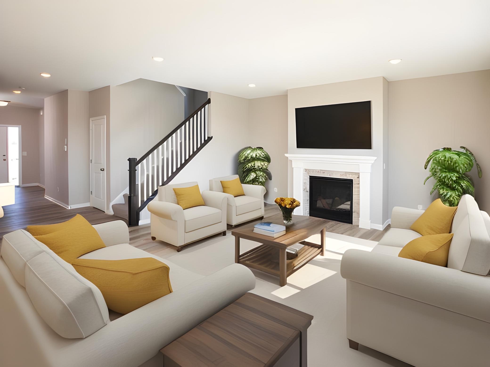 PHOTO OF A DIFFERENT HOME WITH SIMILAR PLAN & FINISHES VIRTUALLY STAGED. Great Room features decorative stair rails and gas fireplace with stone accents with mantle surround. Photo may not depict actual plan, materials, & finishes.