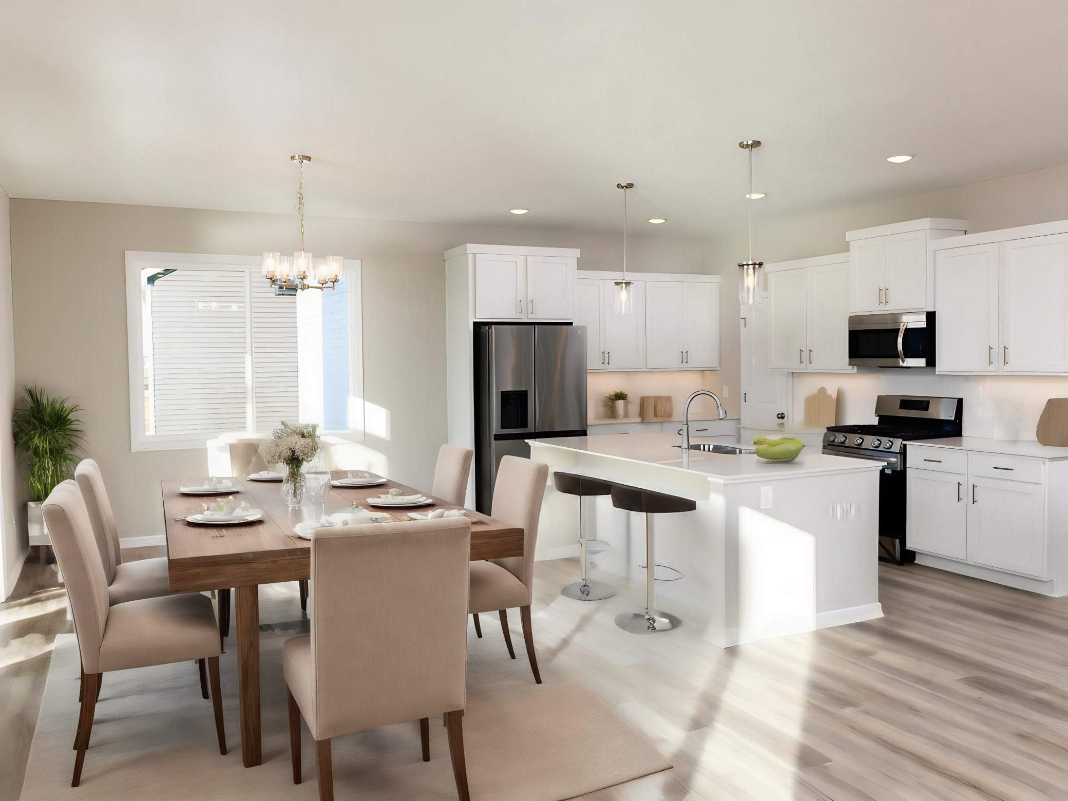 PHOTO OF A DIFFERENT HOME WITH SIMILAR PLAN & FINISHES VIRTUALLY STAGED. Dining Room & Kitchen. Photo may not depict actual plan, materials, & finishes.