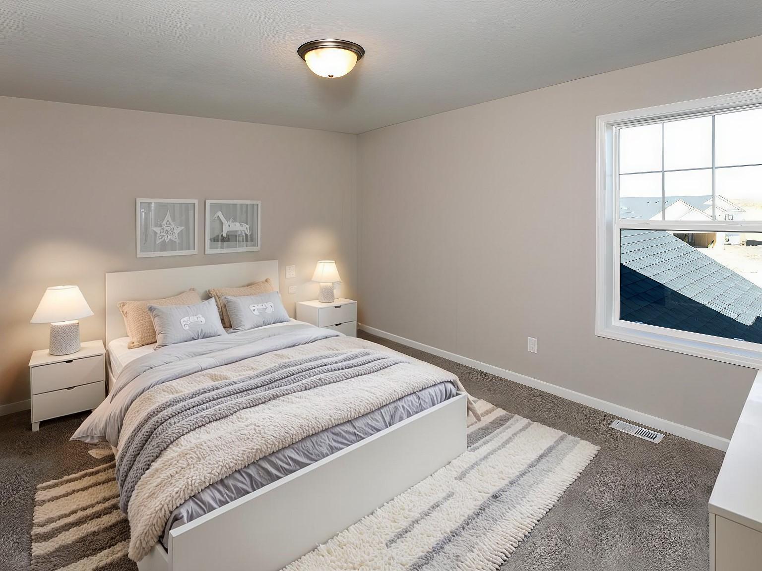 PHOTO OF A DIFFERENT HOME WITH SIMILAR PLAN & FINISHES VIRTUALLY STAGED. Bedroom 2. Photo may not depict actual plan, materials, & finishes.