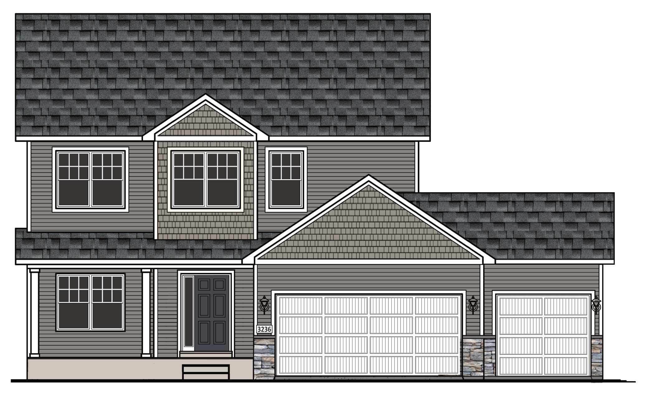 3236 Jandura Ave NE- Rendering showcases exterior color scheme selected for this home including stone accents. Sod, irrigation system, and front landscaping included. Home located on a no thru street on a pristine homesite.