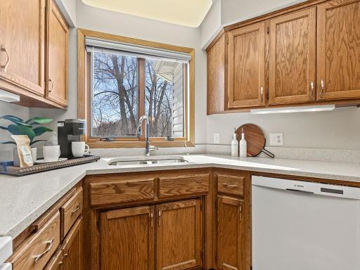 Kitchen looks out at back yard