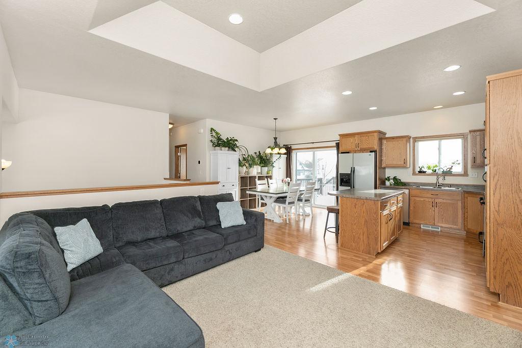 Tray ceiling in living room, open floor plan
