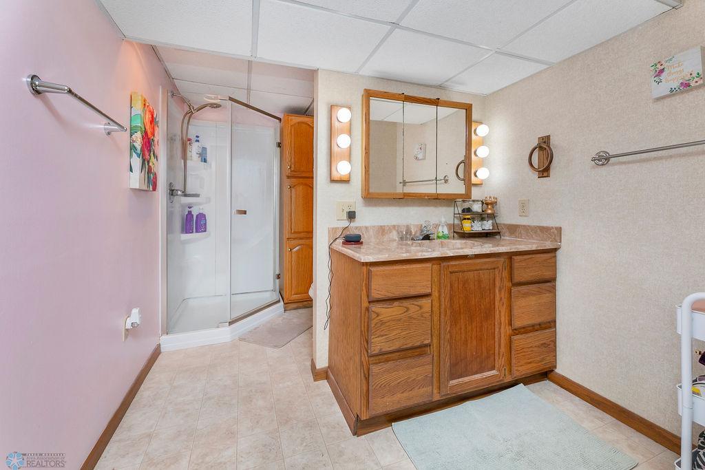 Basement bathroom with walk-in shower, large vanity, linen storage
