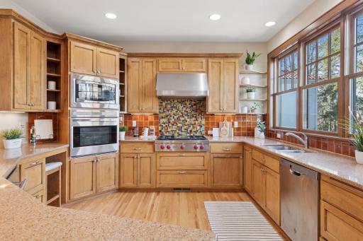 Quartz counter tops, custom hand made backsplash. High end cook top and range hood.