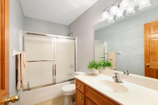 Upper-level oak vanity cabinet and glass shower doors w/ privacy glass