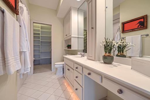 Private bathroom with vanity area and large walk-in closet