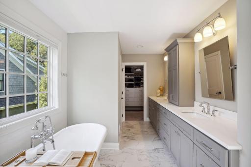 Primary Bath Featuring Dual Sinks, Soaking Tub and Large Walk-in Shower