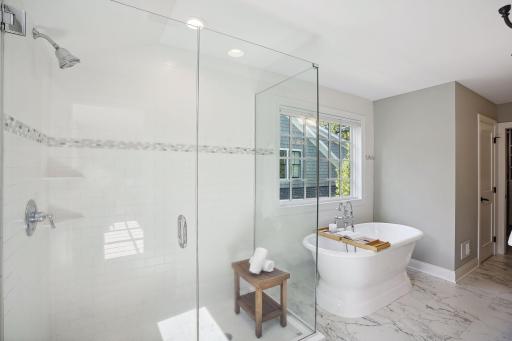 Primary Bath Featuring Dual Sinks, Soaking Tub and Large Walk-in Shower