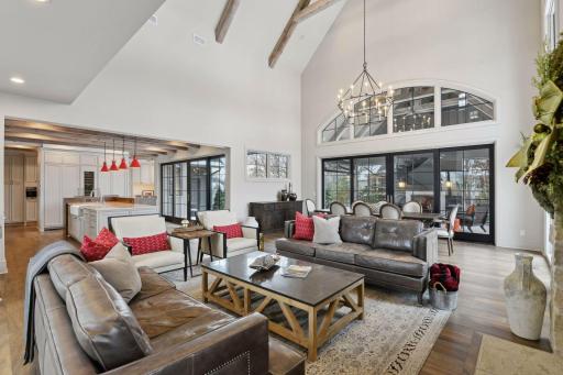 Wood Beamed, vaulted ceilings in great room
