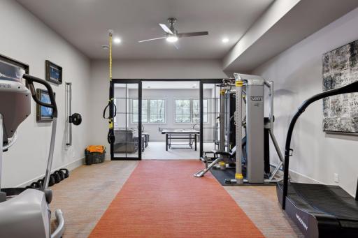 custom French doors between gym and family room
