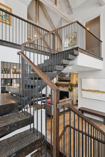 One of a kind Stair case with steel and wood sourced from the Duluth Elevator Company