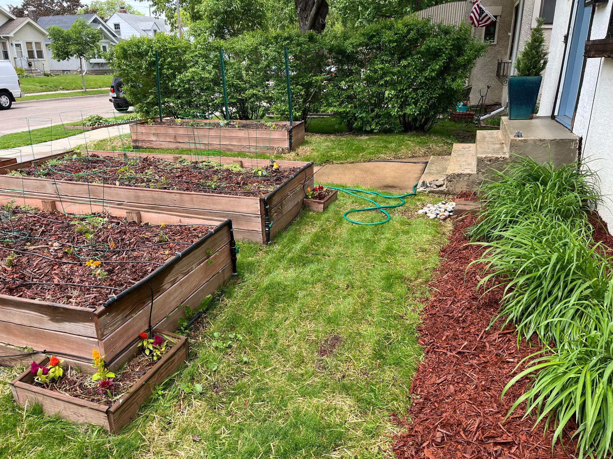 The raised flower beds have a built-in irrigation system.