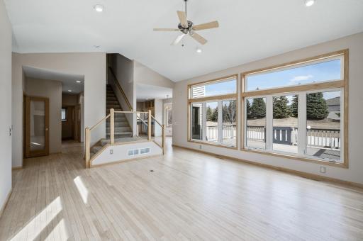 Main Level Living Room, Kitchen, Dining & Stairs to Upper Level