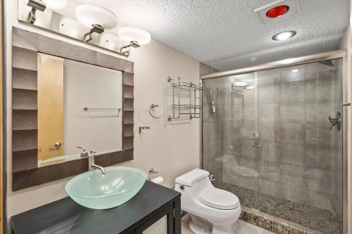 Lower level bathroom with beautiful tile shower