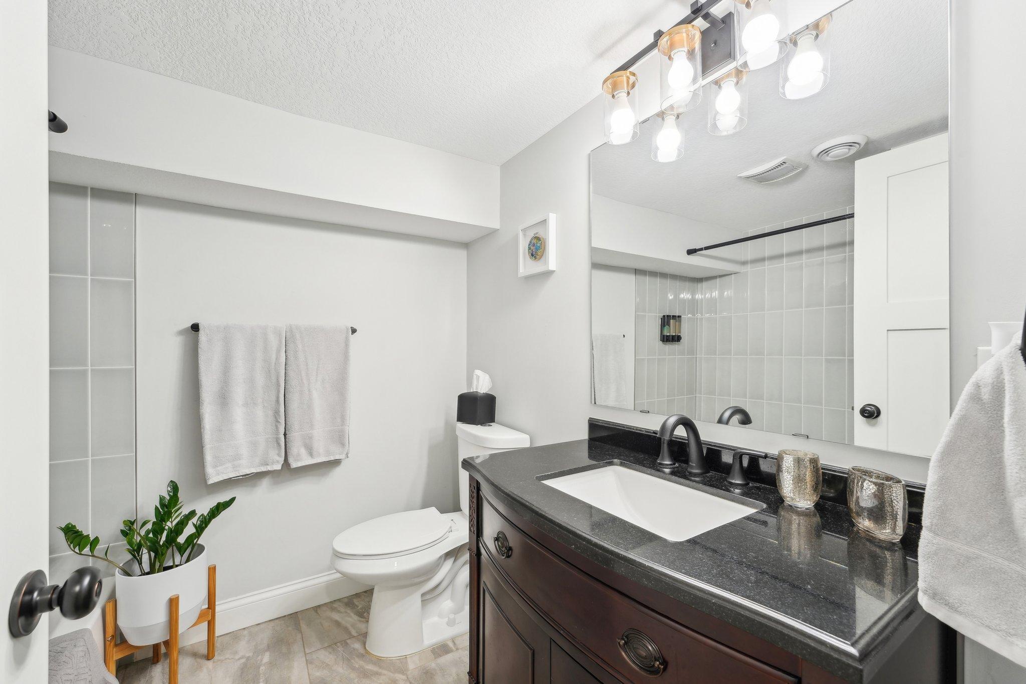 Lower level full bathroom. You can see the beautiful tile surround in the mirror!