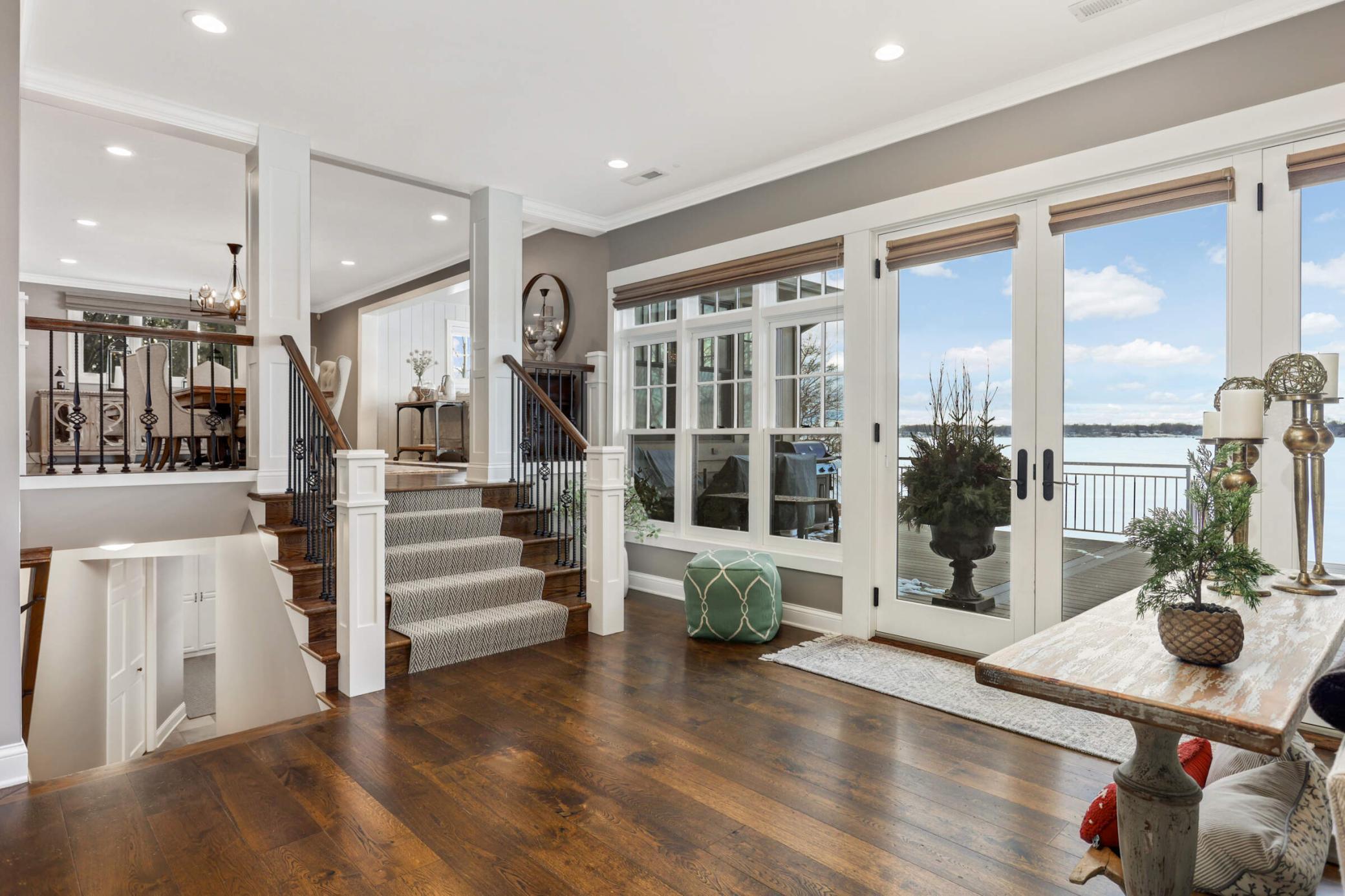 See the lake from the family room with access to the deck.