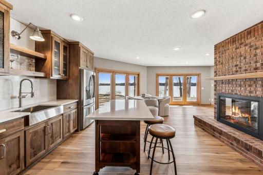The rolling island can be situated how you wish or moved to another part of the family room for additional seating.