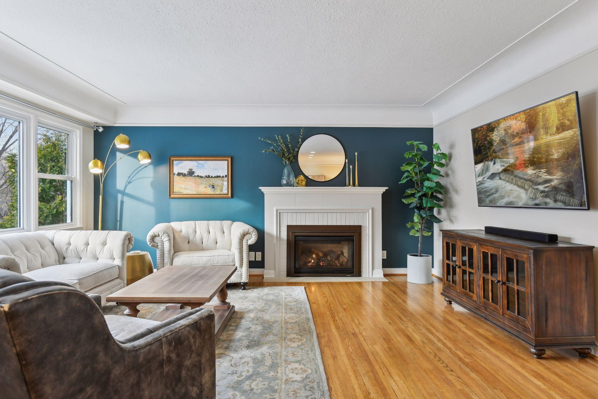 Cozy gas burning fireplace.