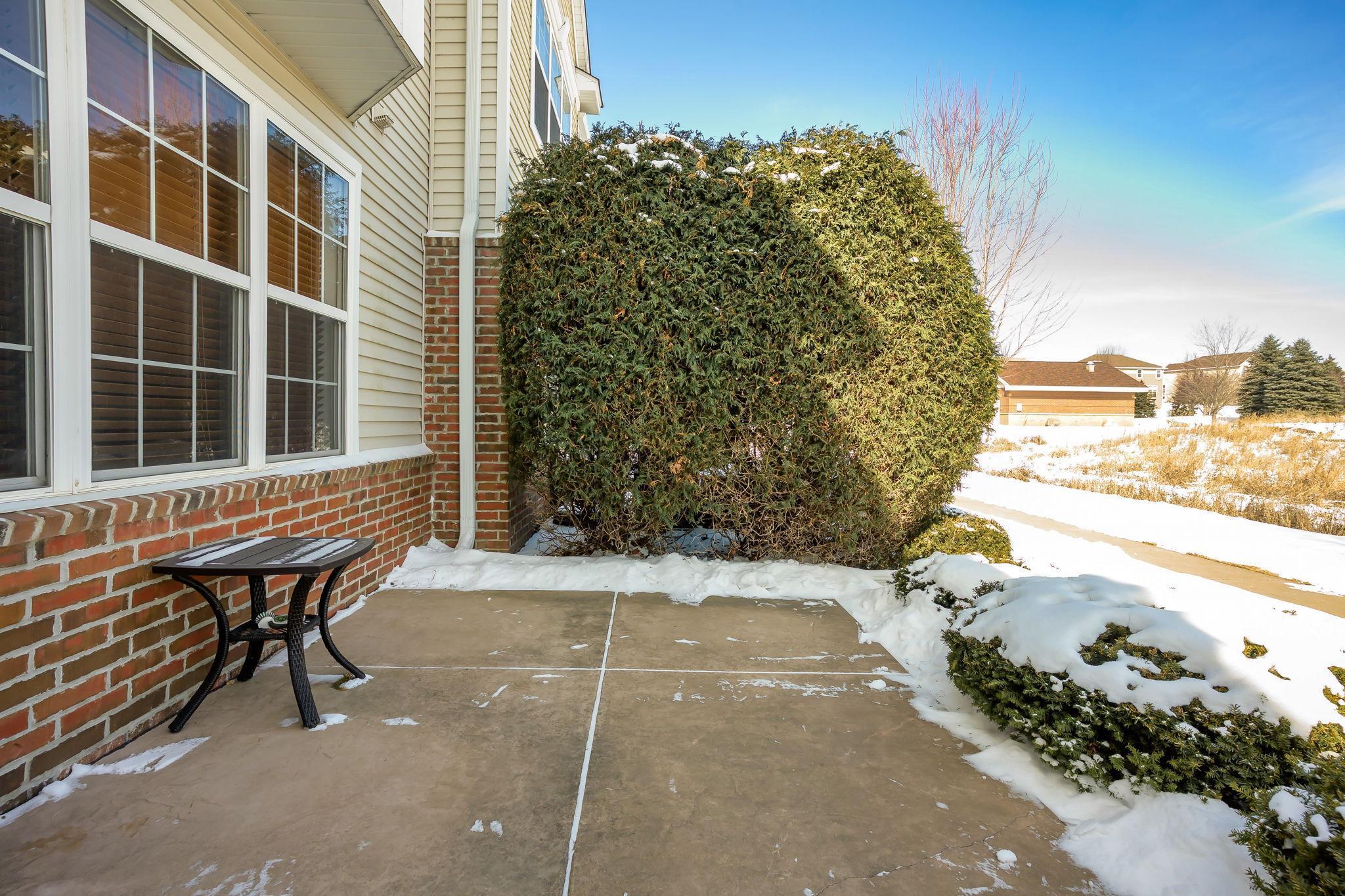 Patio at front door with privacy planting