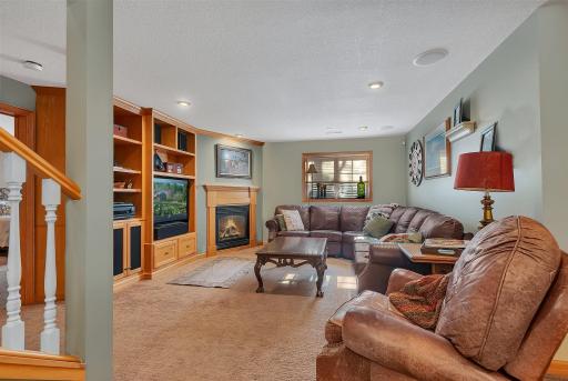 The lower level family room features another fireplace and built-ins, but that's not all!