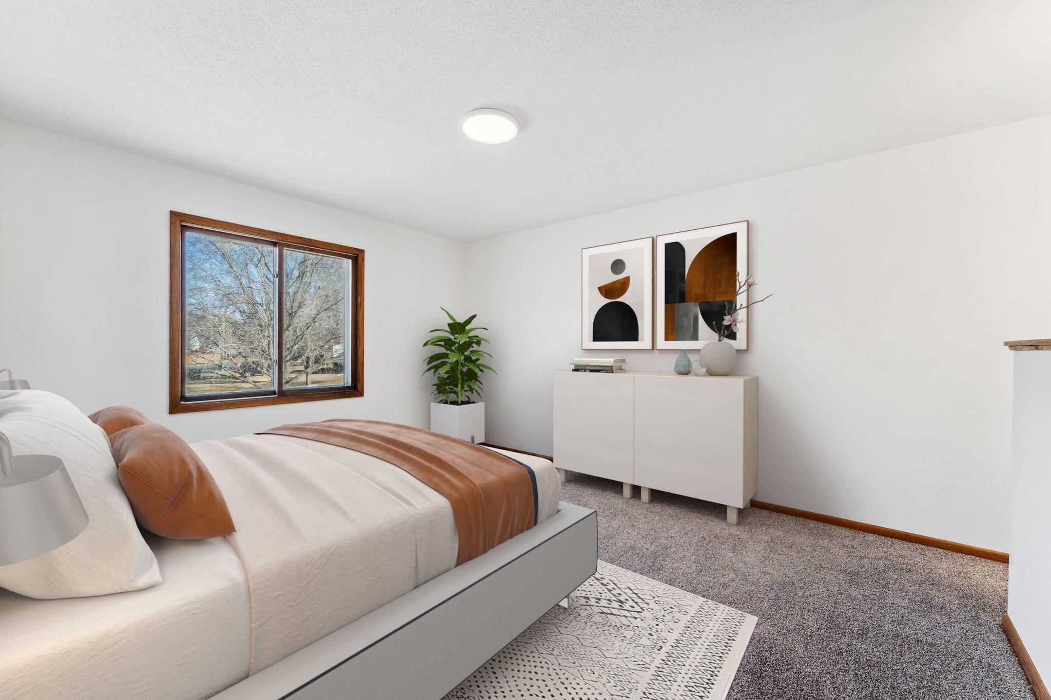 Virtually staged with area rug. Fresh carpet, lighting and paint.