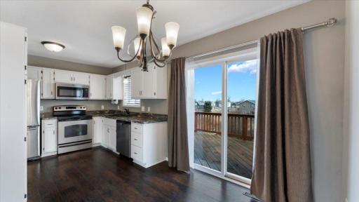 Kitchen/Dining Area walkouts to deck overlooking backyard.