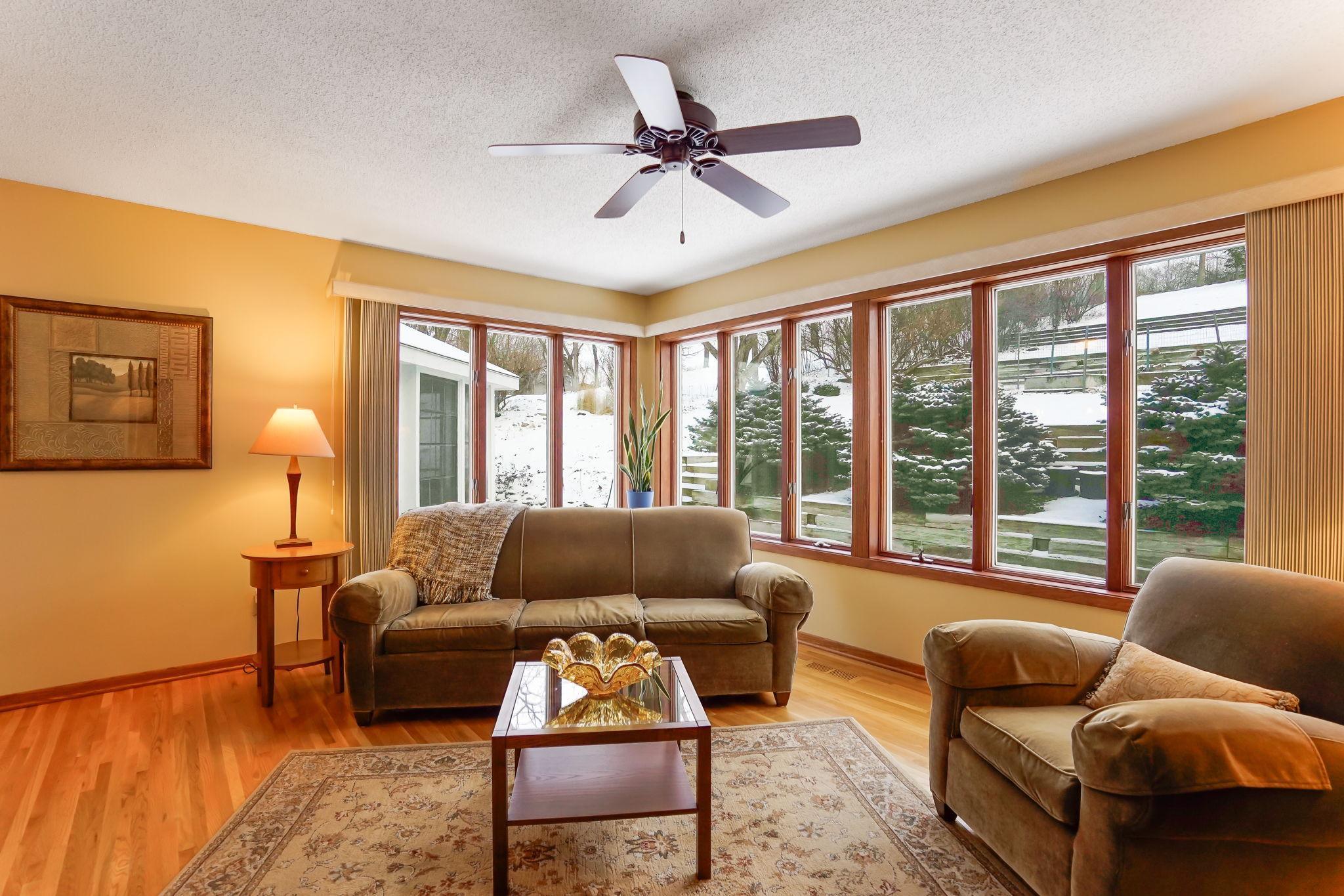 Main floor family room with wall of windows