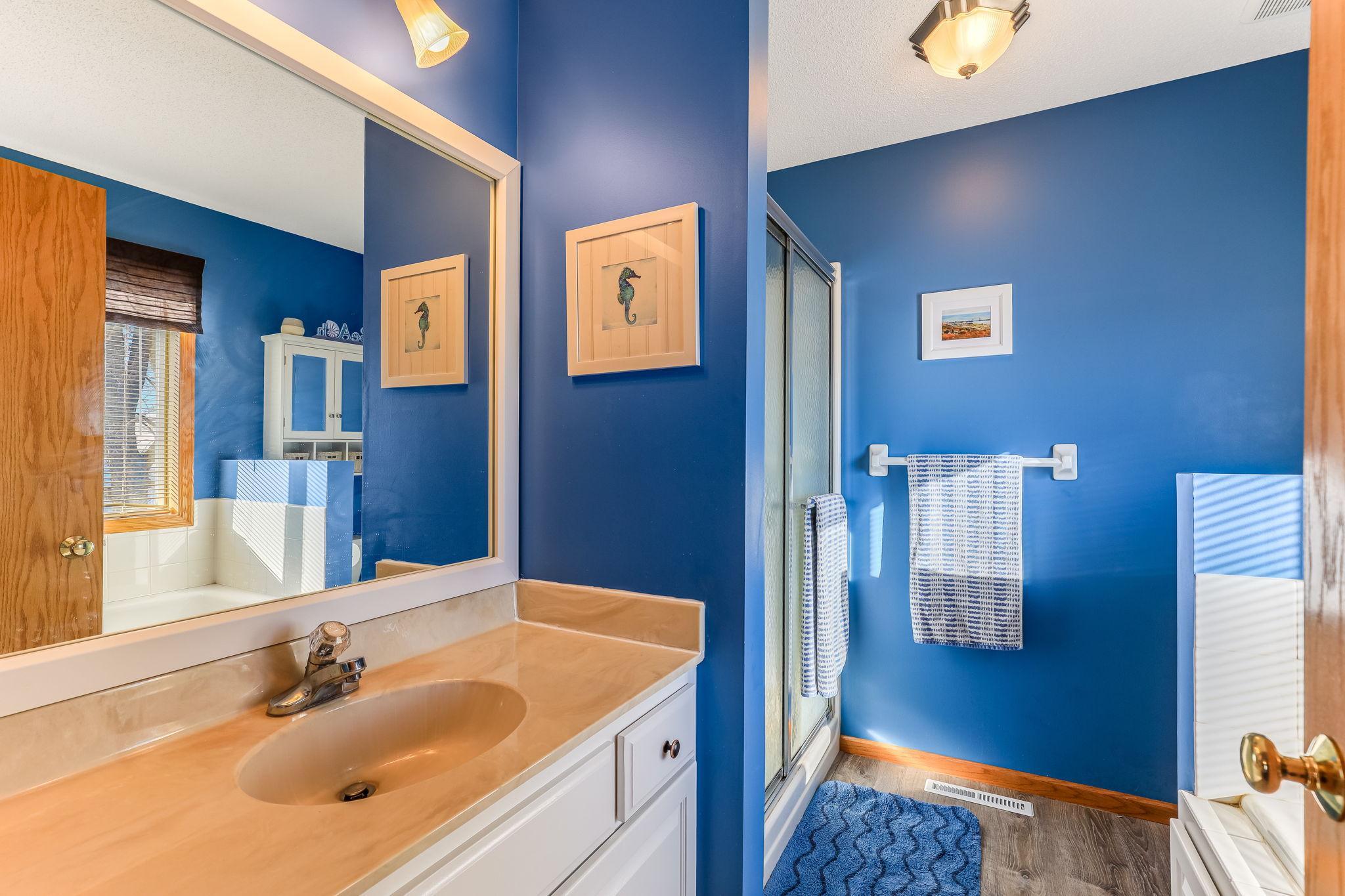 Private primary bathroom, separate shower and socker tub. New vinyl plank-flooring