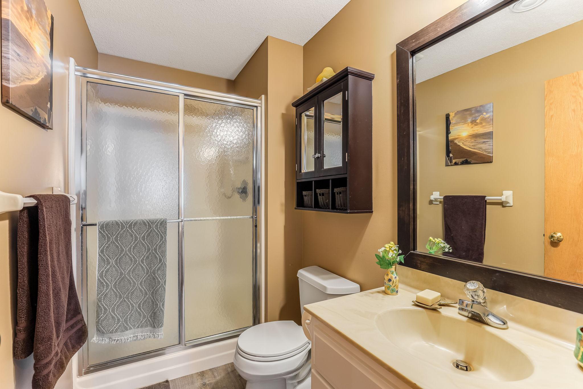 Lower level 3/4 bathroom, new vinyl plank-flooring.
