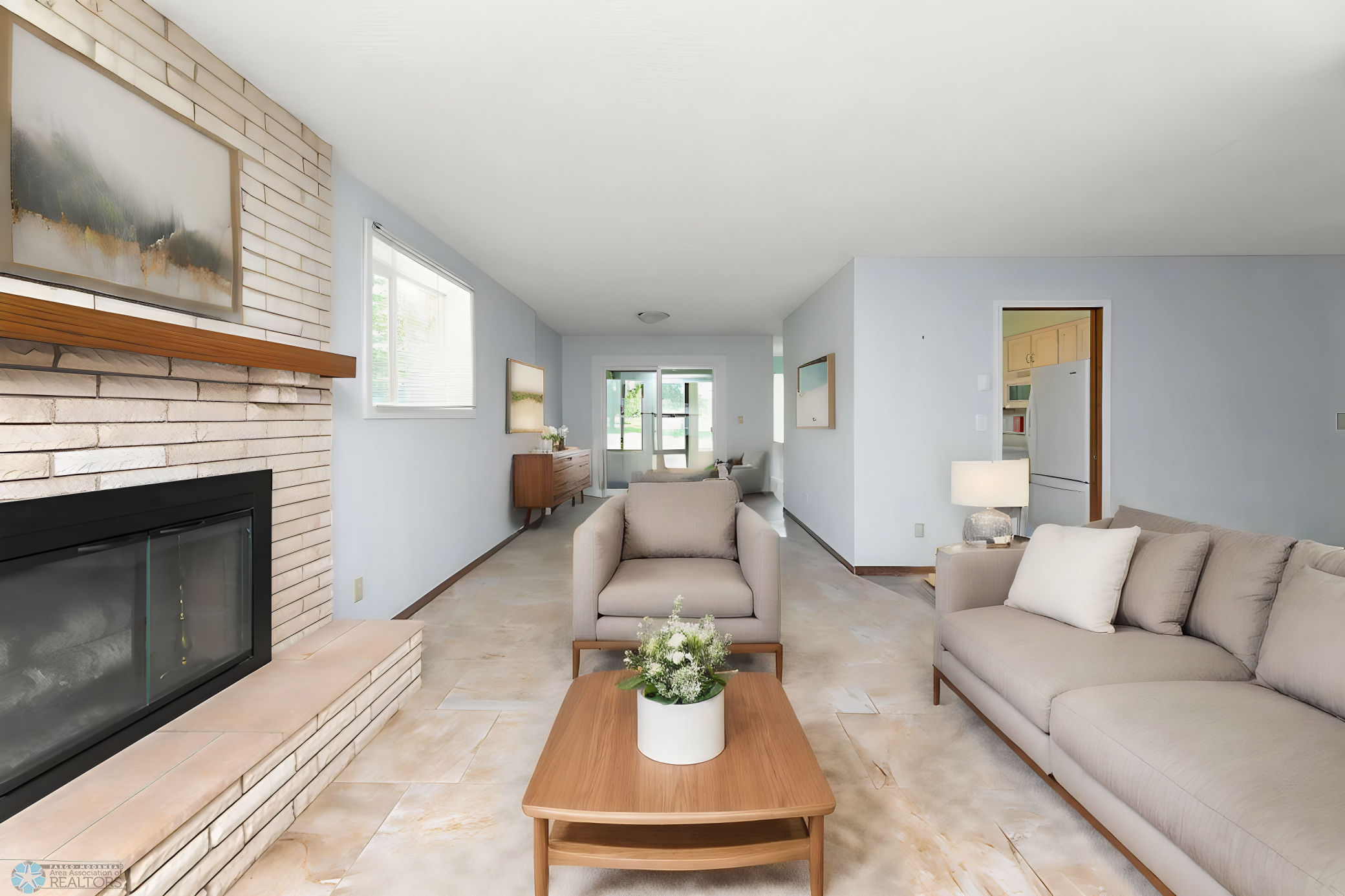 LR to sunroom view, virtually staged