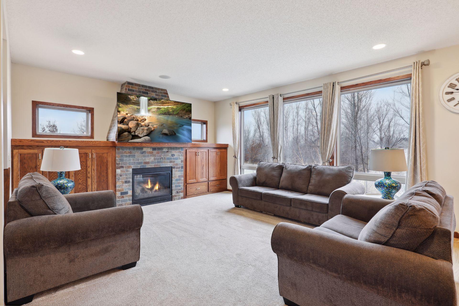 Open family room overlooking a pond