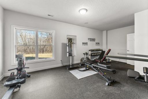 The lower level 'walkout' basement has bedroom number five currently used as an 'in-house' Gym / exercise room with a 'rubber' floor.