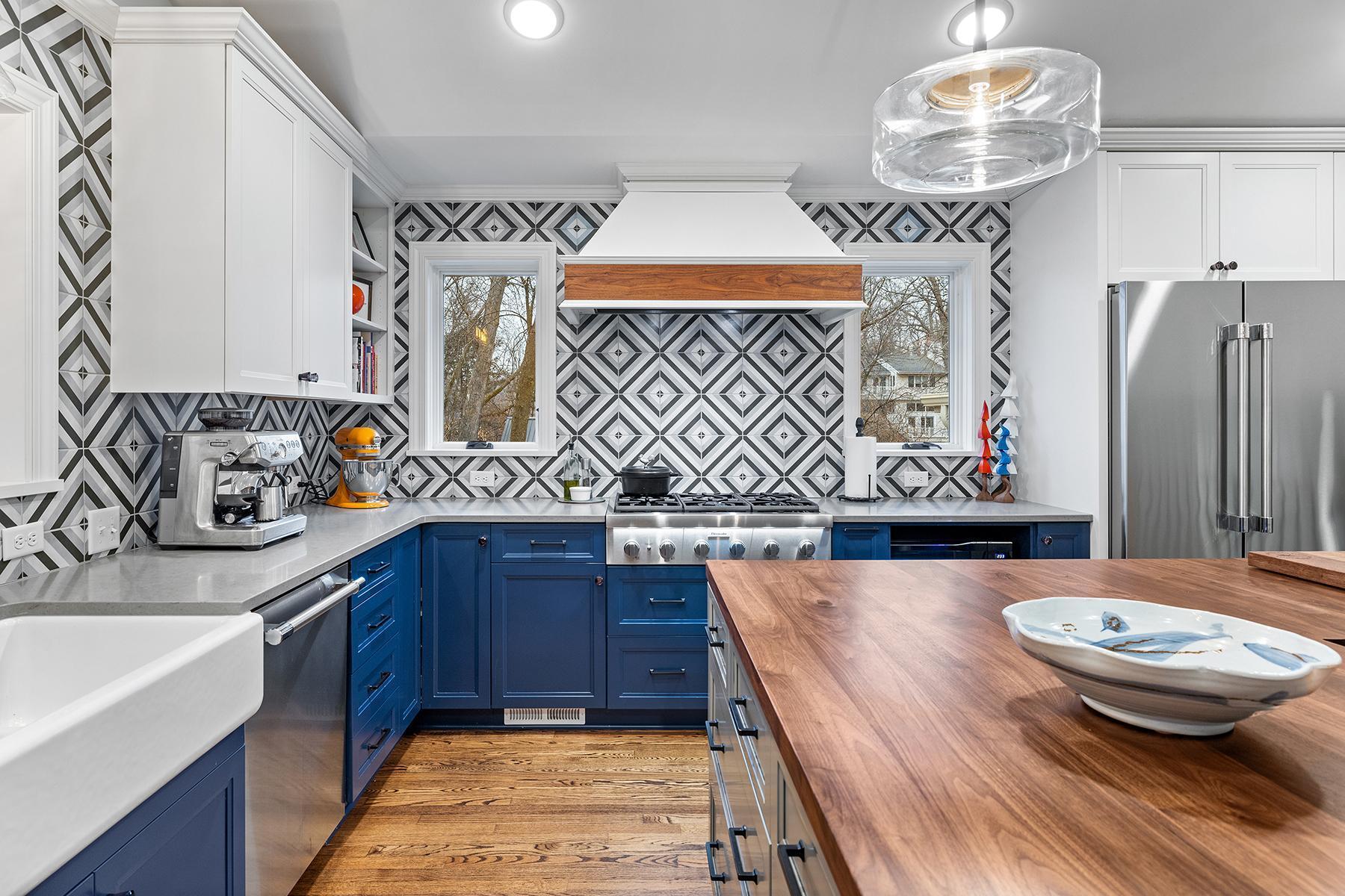Gorgeous custom-built walnut top center island.